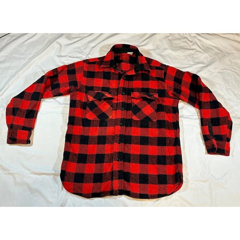 Vtg Sears Kings Road Shop Shirt Mens Medium Buffalo Plaid Wool Linen Blend Shirt